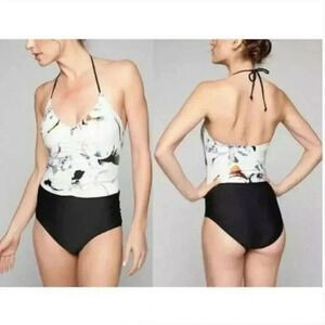 Athleta Polynesia Off White Floral Halter One Piece Swimsuit M